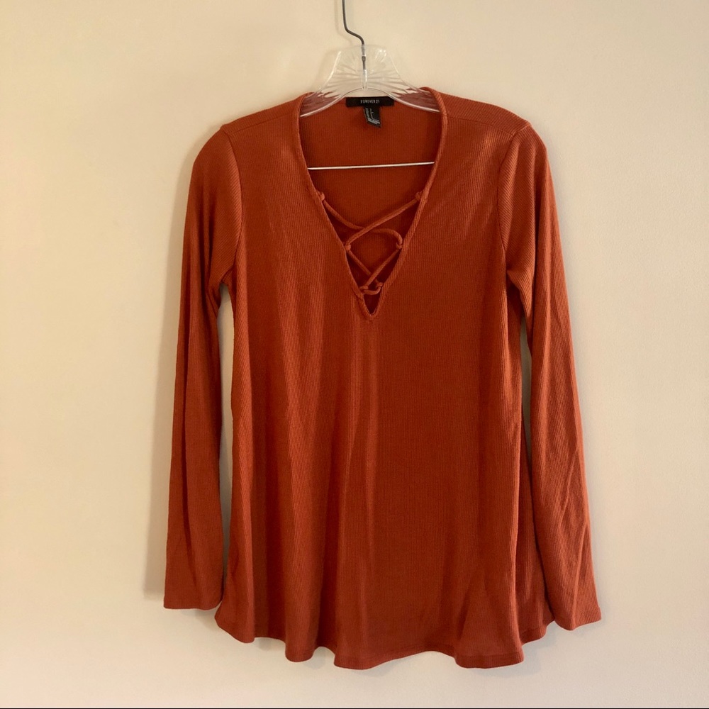 Forever 21 Burnt Orange Ribbed Lace Up V-Neck Long Sleeve Top
